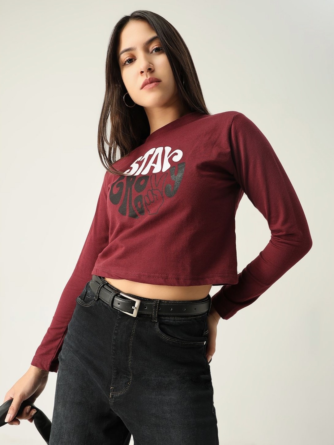 

SHOWOFF Women Typography Printed Round Neck Cotton Slim Fit T-shirt, Burgundy