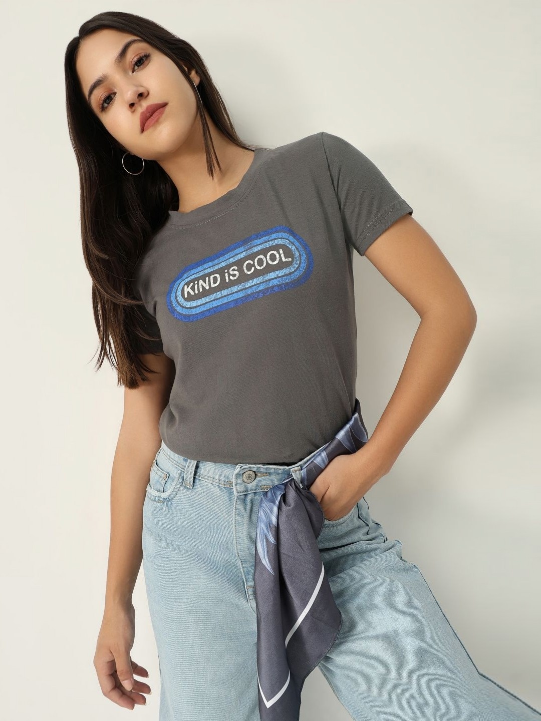 

SHOWOFF Women Typography Printed Round Neck Cotton Slim Fit T-shirt, Grey