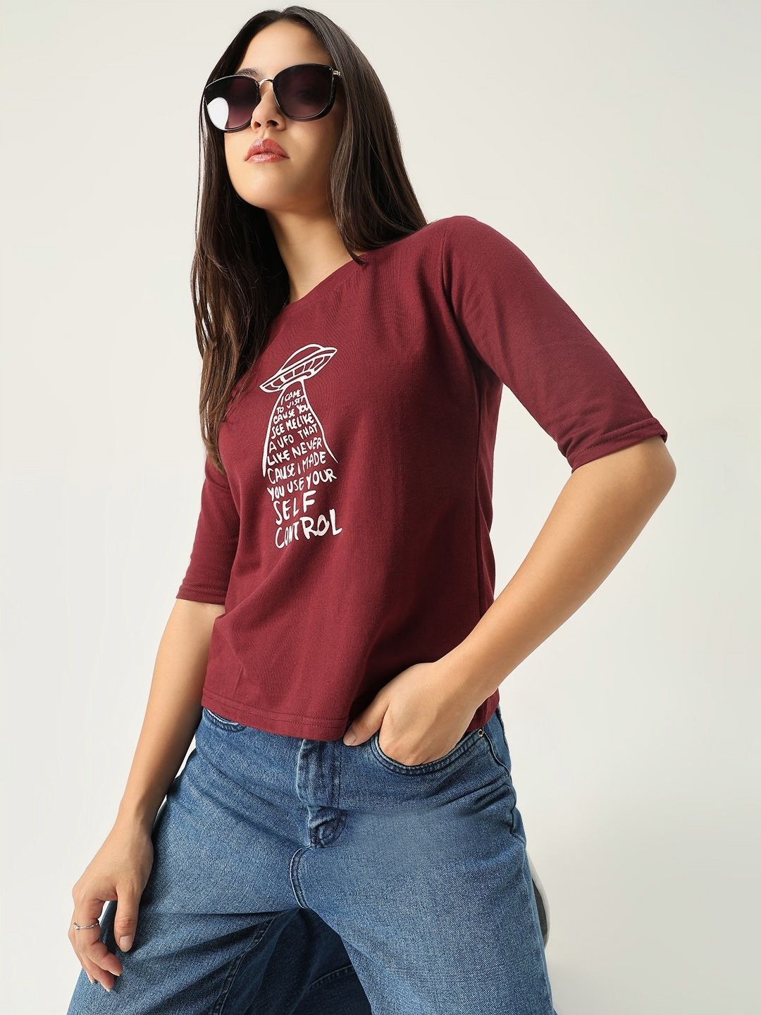 

SHOWOFF Women Typography Printed Round Neck Cotton Slim Fit T-shirt, Burgundy