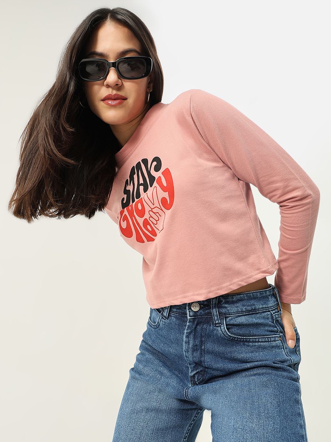 

SHOWOFF Women Typography Printed Round Neck Cotton Slim Fit T-shirt, Peach