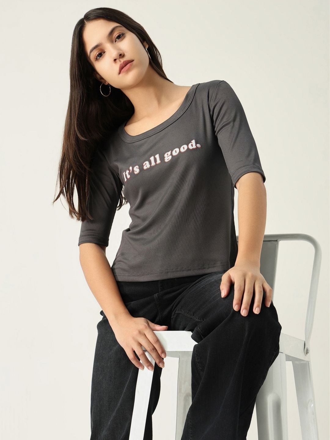 

SHOWOFF Women Typography Printed Round Neck Cotton Slim Fit T-shirt, Grey