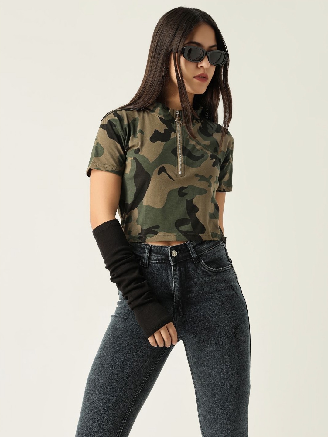 

SHOWOFF Women Camouflage Printed Round Neck Cotton Slim Fit T-shirt, Olive