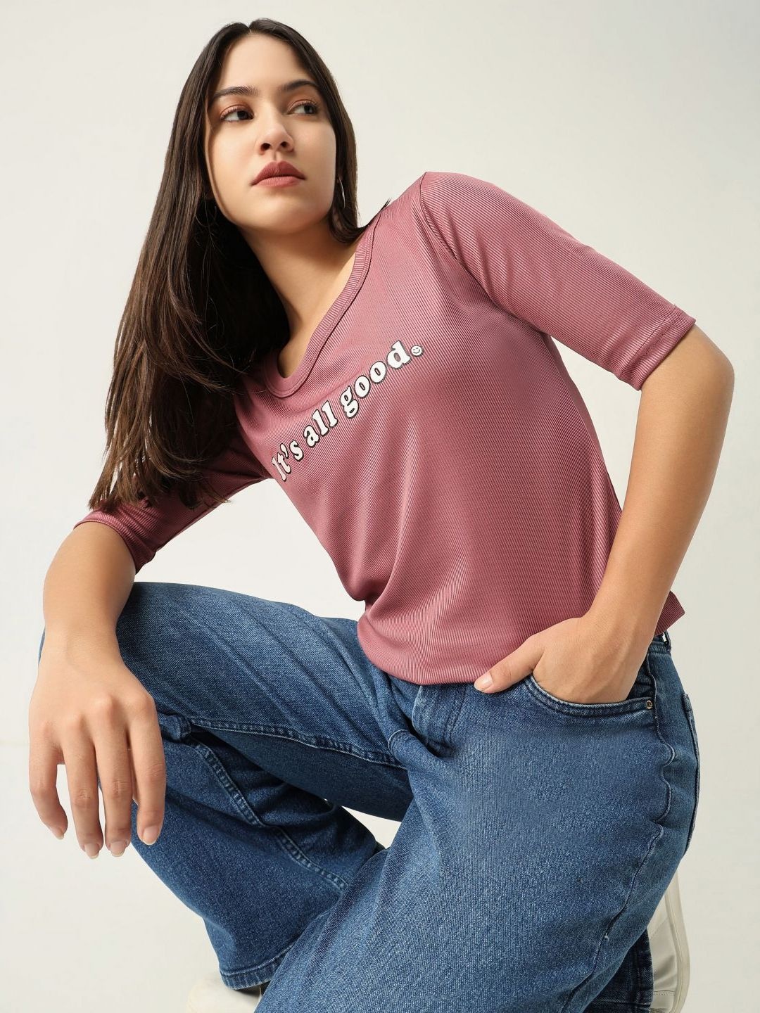 

SHOWOFF Women Typography Printed Round Neck Cotton Slim Fit T-shirt, Pink