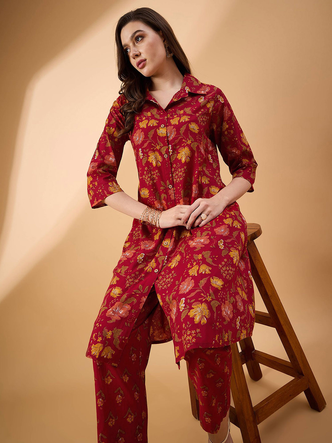 

TANISHA Printed Pure Cotton Tunic With Trouser, Red