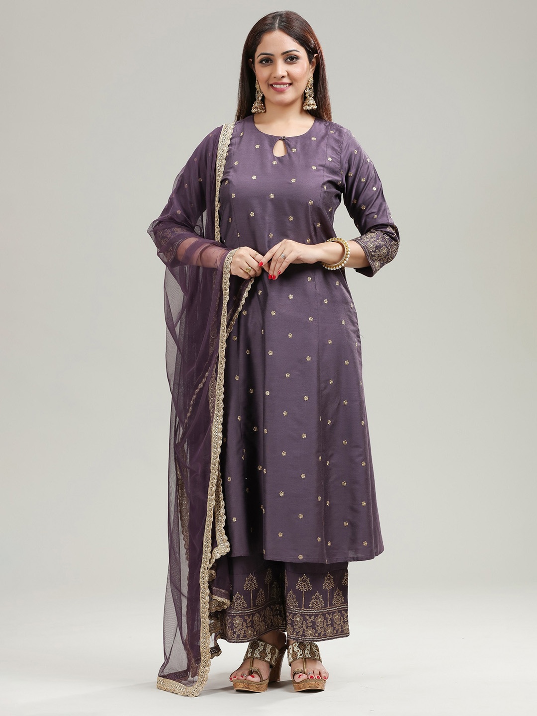 

COTTON CULTURE Floral Embroidered Kurta With Palazzos & Dupatta, Purple