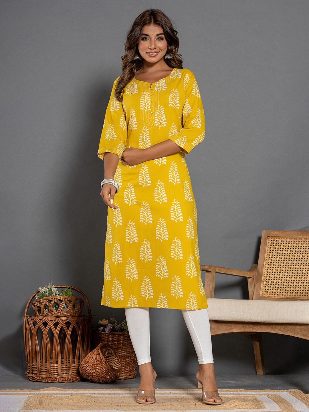 

Benaaz Floral Printed Notch Neck Thread Work Cotton Straight Kurta, Yellow