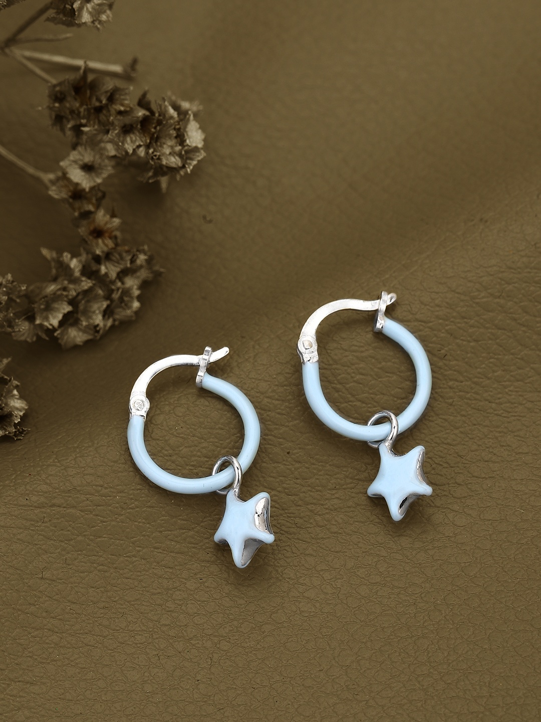 

DressBerry Rhodium-Plated 925 Sterling Silver Enamelled Star Shaped Hoop Earrings