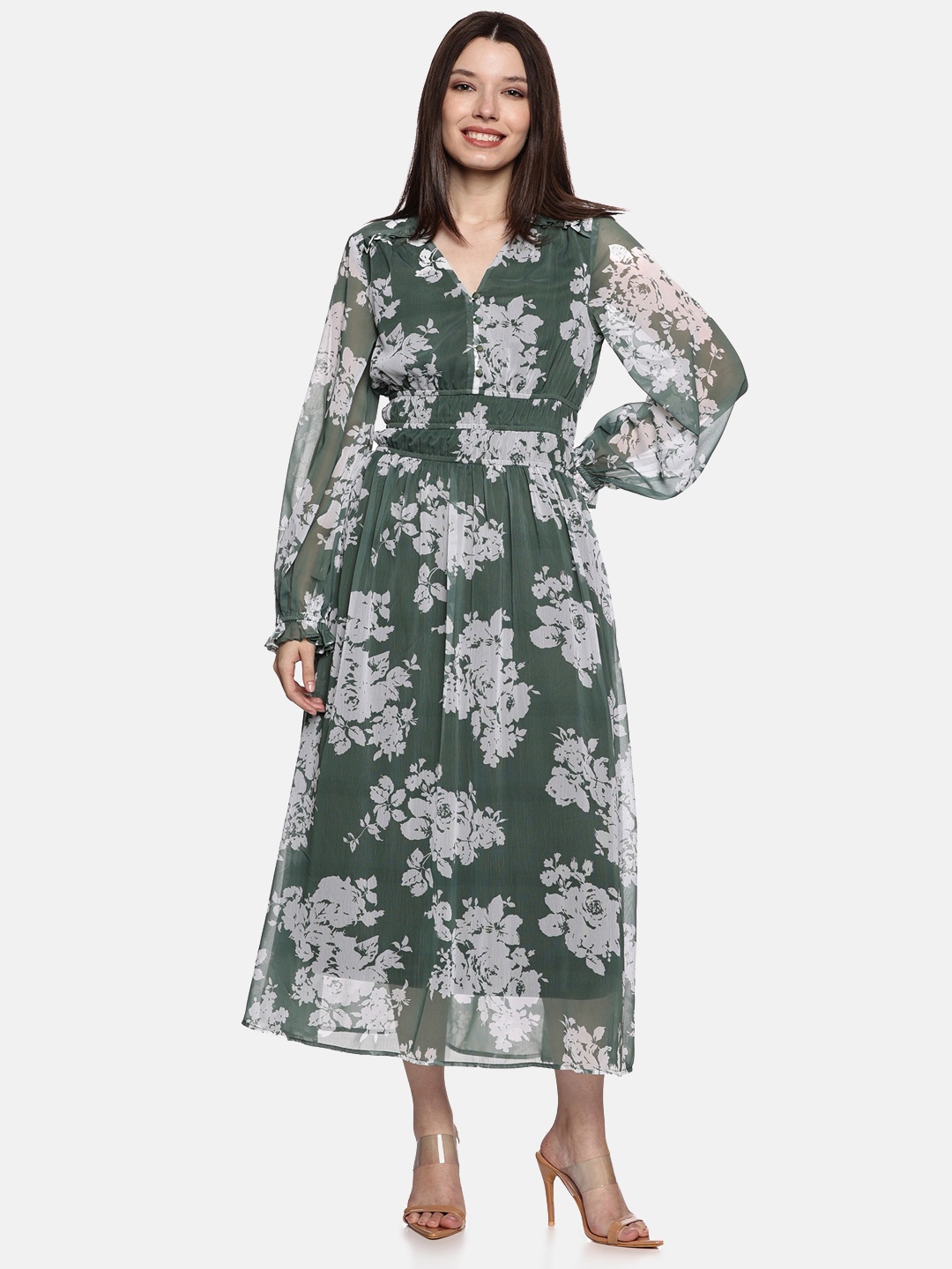 

ISU Women Floral Printed V-neck Cuffed Sleeve Fit & Flare Maxi Dress, Green