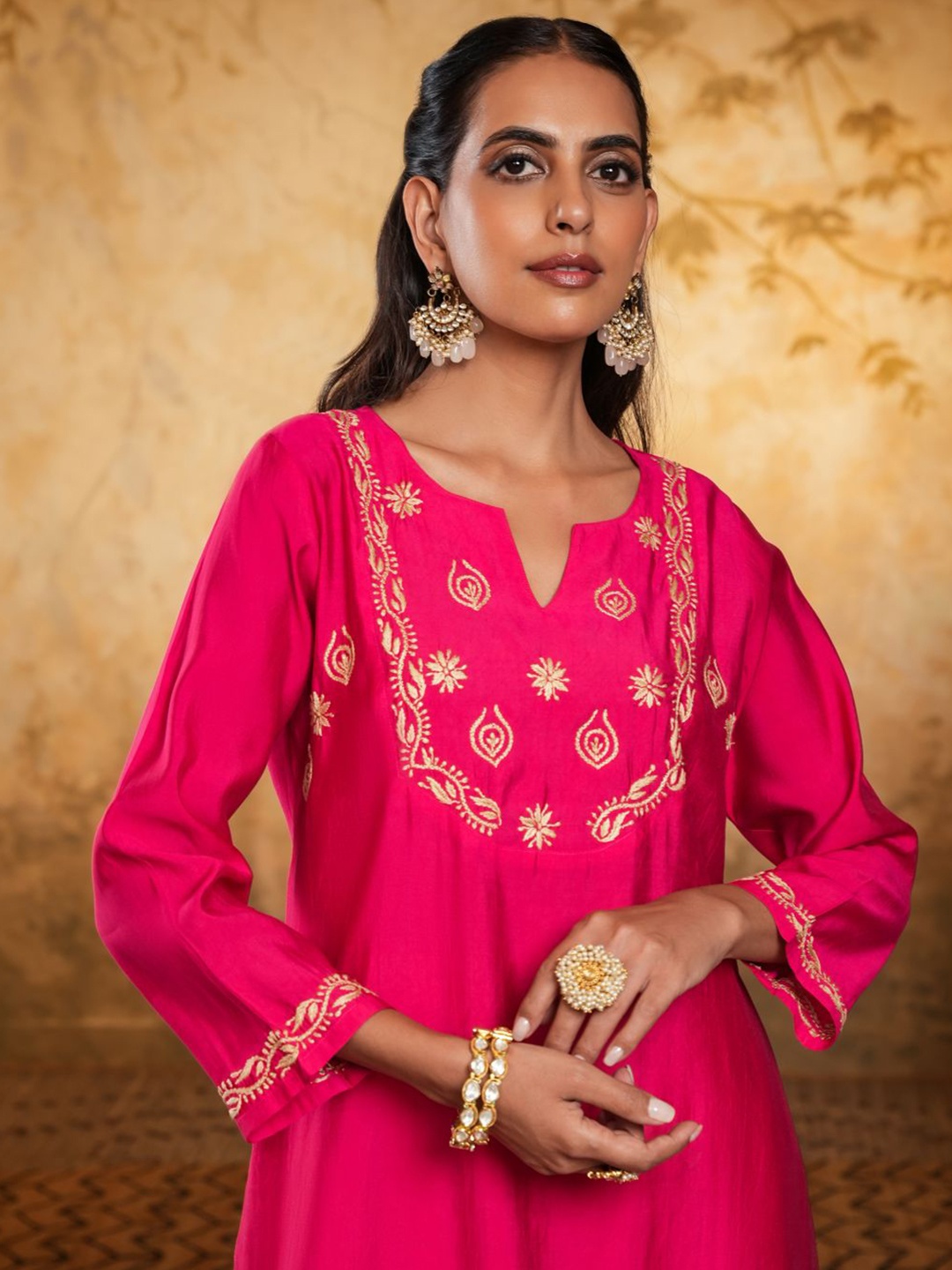

House of Chikankari Chikankari Chanderi Woven Long Kurta, Pink