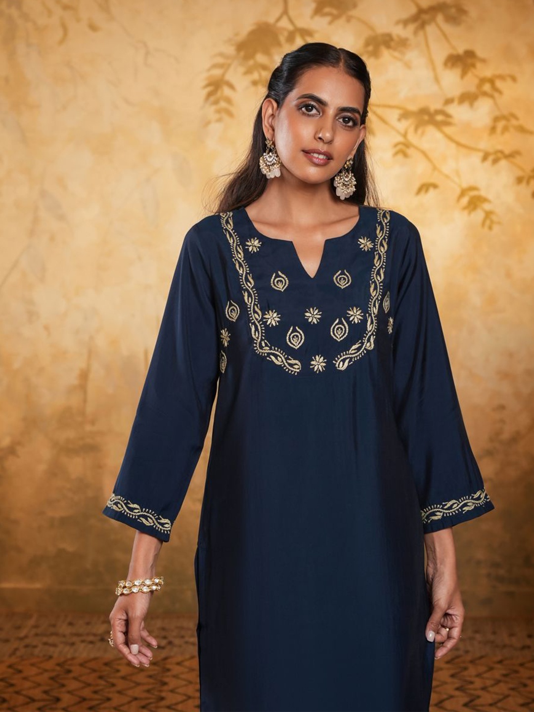 

House of Chikankari Chanderi Chikankari Woven Kurta, Navy blue