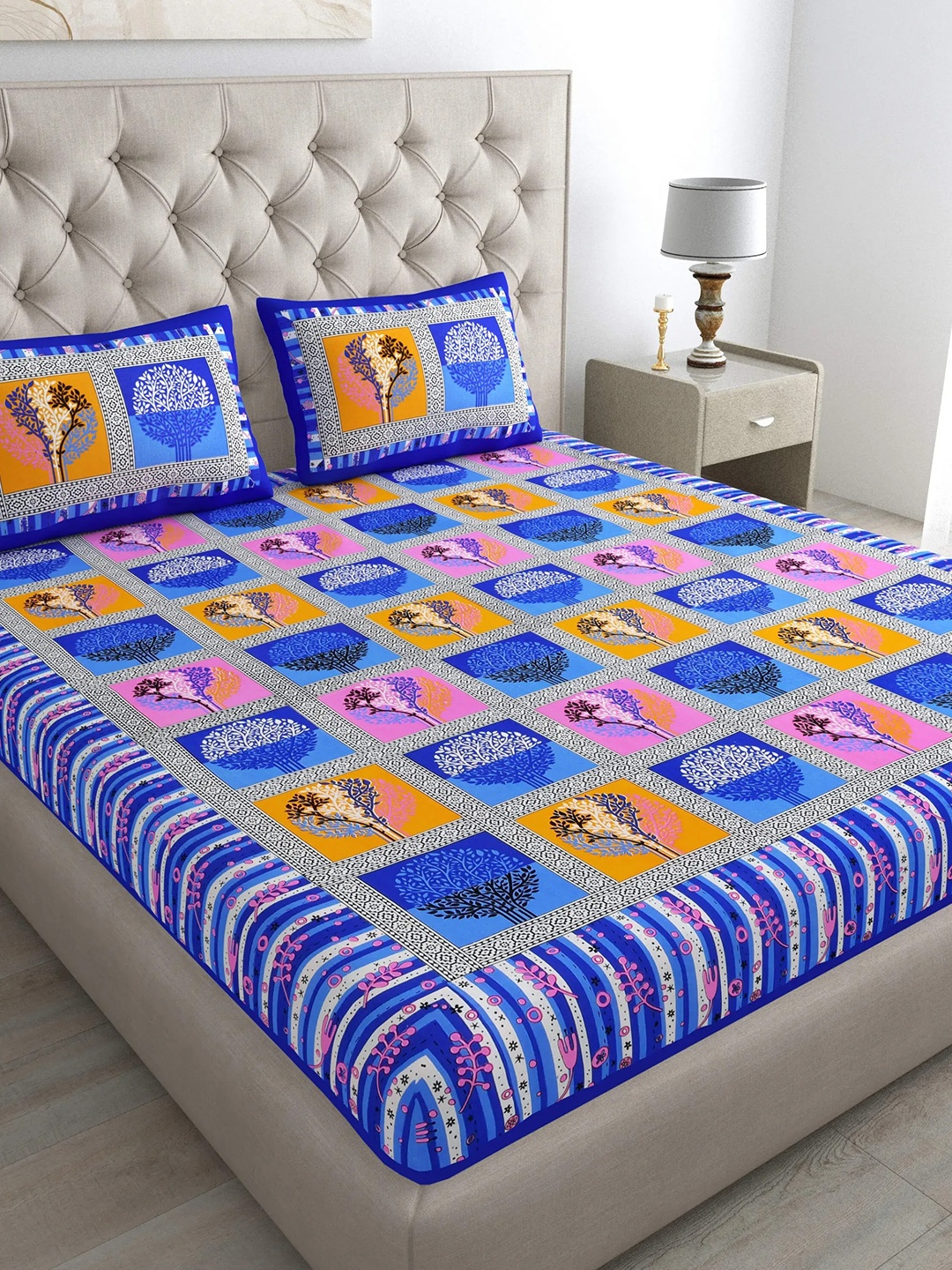 

LIVING ROOTS Blue & Orange Printed 210 TC Cotton Queen Bedsheet with 2 Pillow Covers