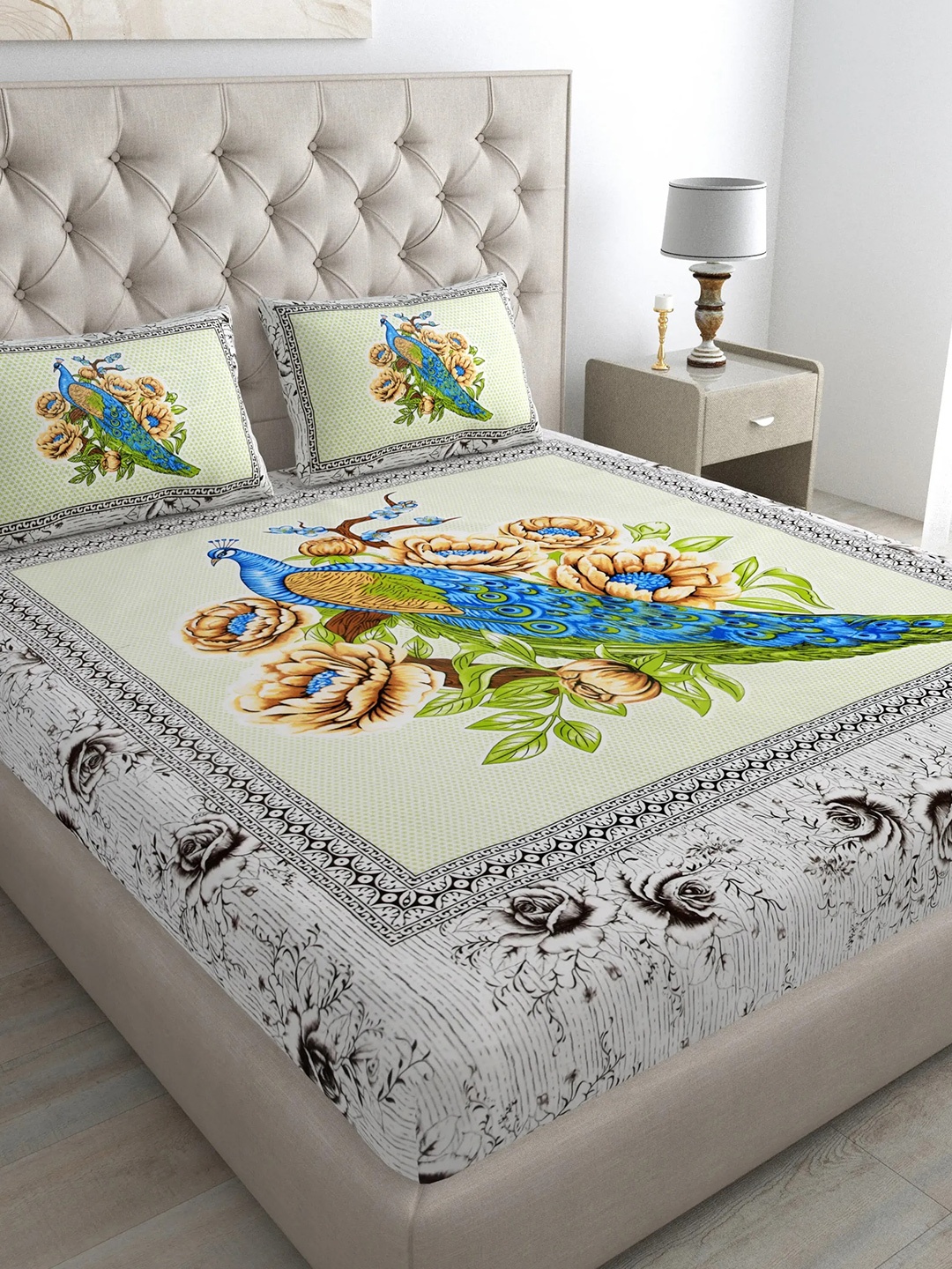 

LIVING ROOTS Off White & Blue Printed 210 TC Queen Bedsheet with 2 Pillow Covers