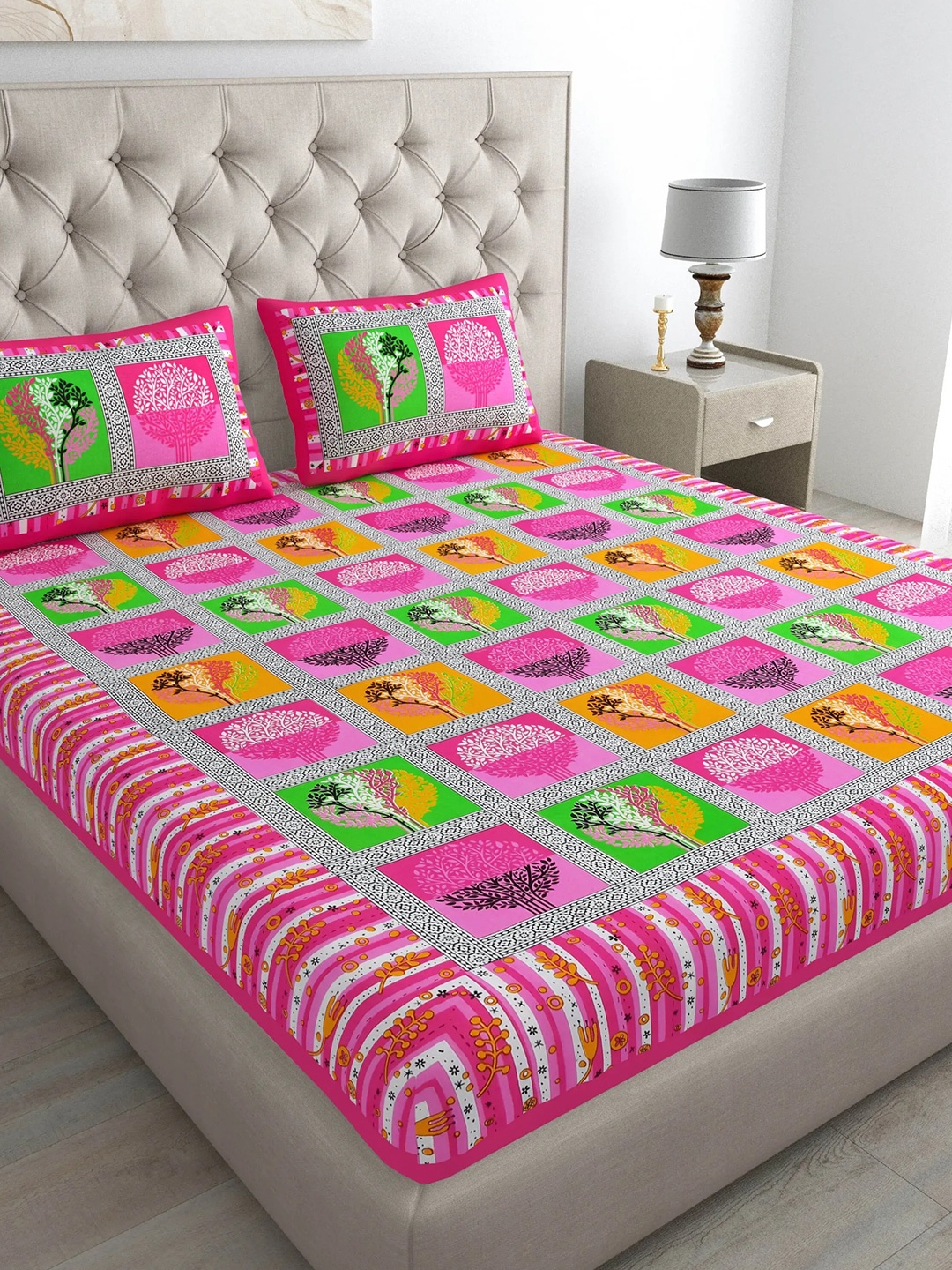 

LIVING ROOTS Pink & Green Printed 210 TC Cotton Queen Bedsheet with 2 Pillow Covers