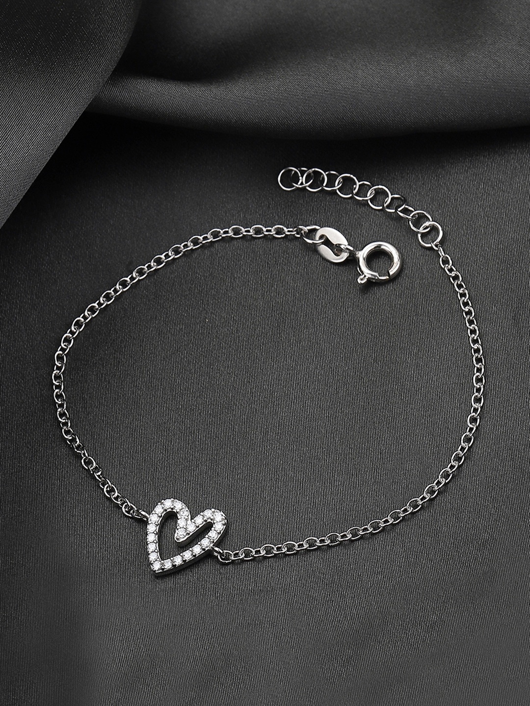 

DressBerry 925 Sterling Silver Rhodium Plated CZ Studded Heart Charm Bracelet