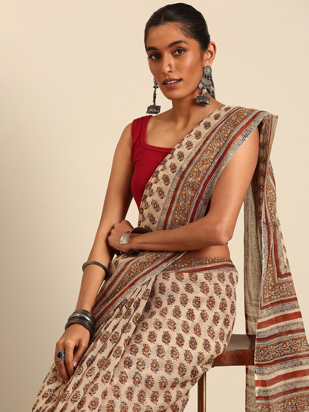 

Taavi Floral Pure Cotton Bagru Saree, Beige