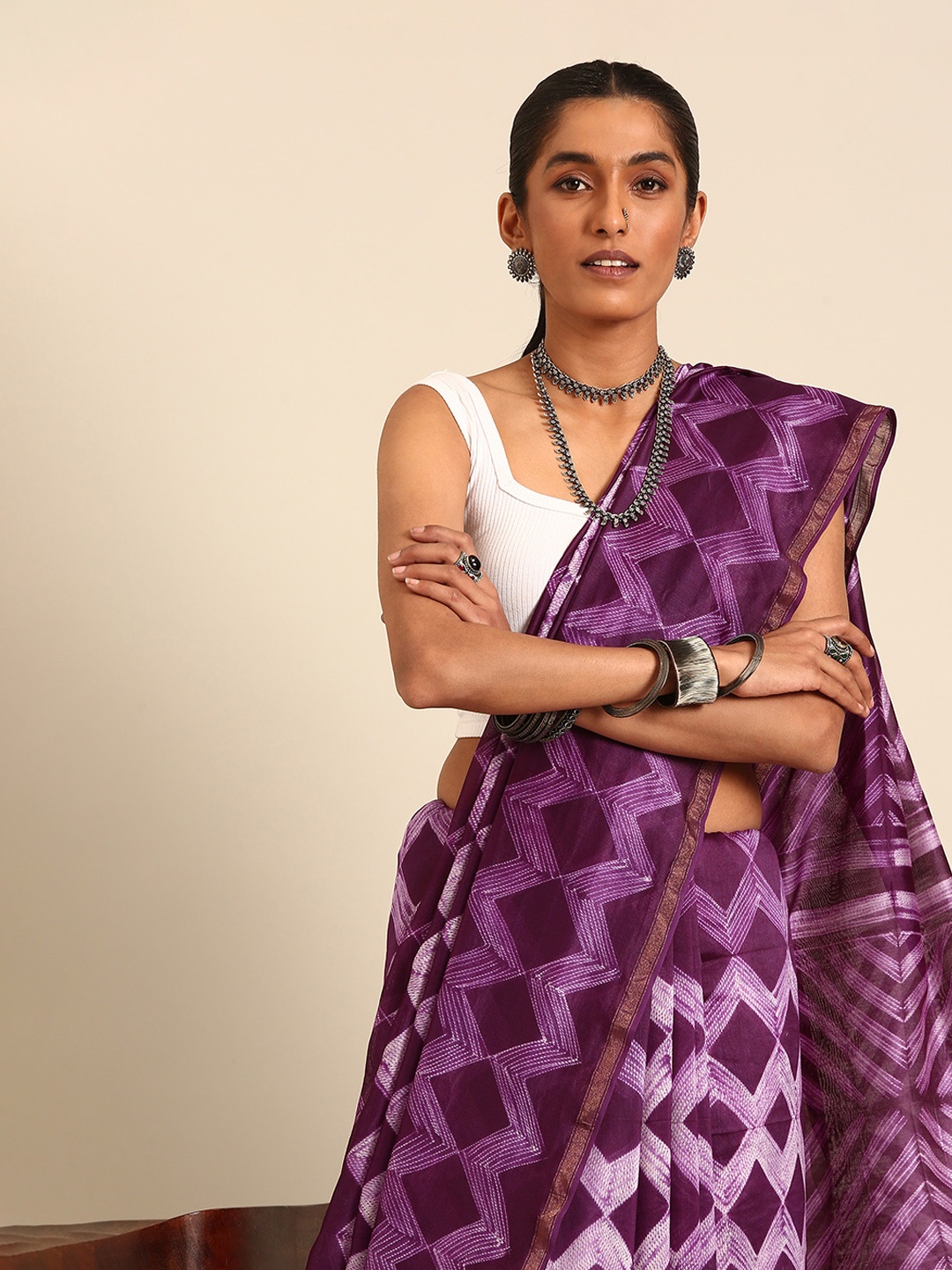 

Taavi Shibori Style Print Chanderi Silk Blend Saree With Zari Border, Purple