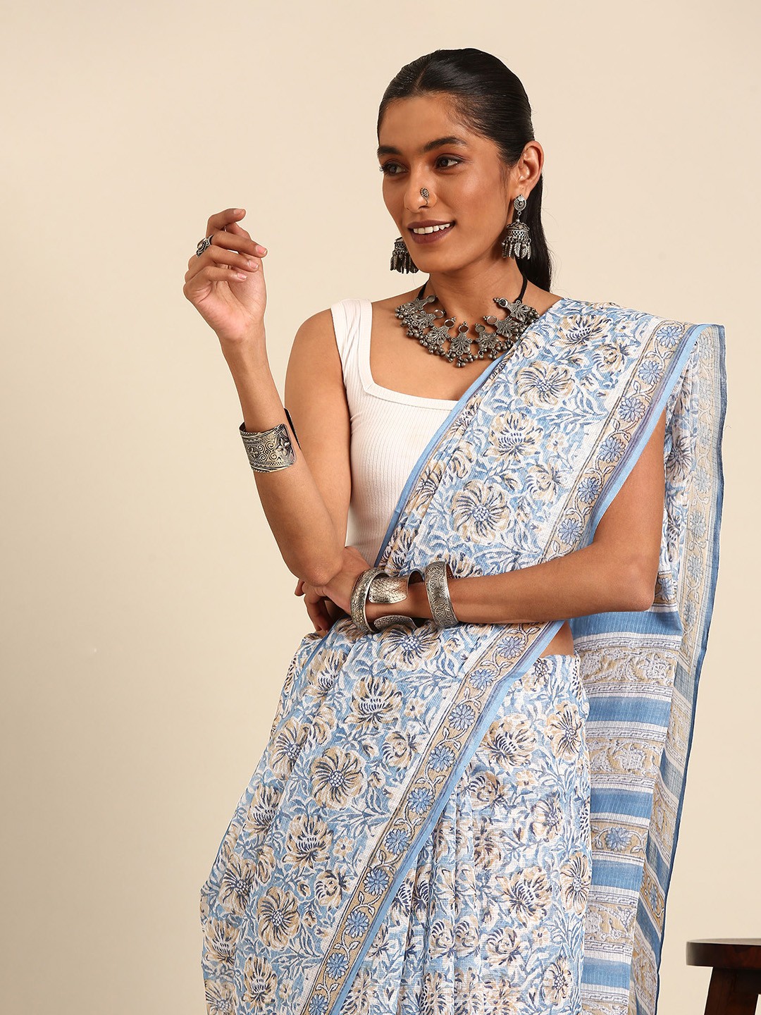 

Taavi Pure Kota Cotton Rapid Print Saree, Blue
