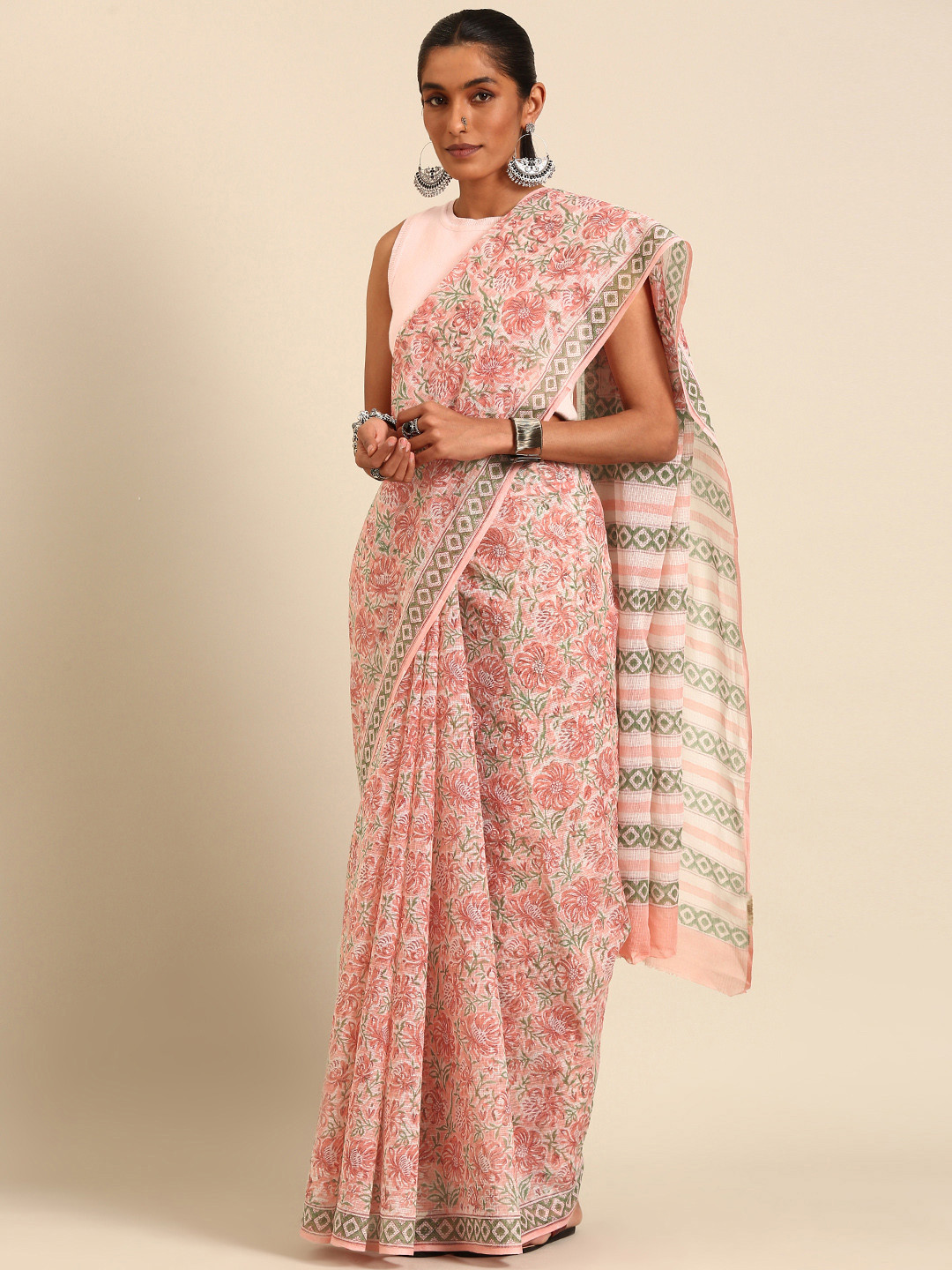 

Taavi Floral Rapid Print Pure Kota Cotton Saree, Pink