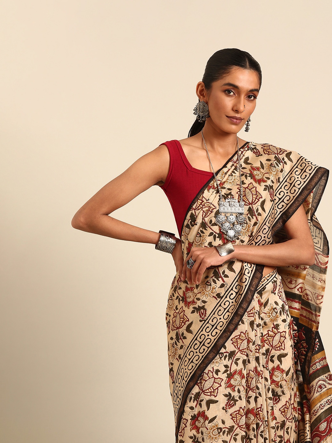 

Taavi Bagru Print Floral Chanderi Silk Blend Saree With Zari Border, Beige