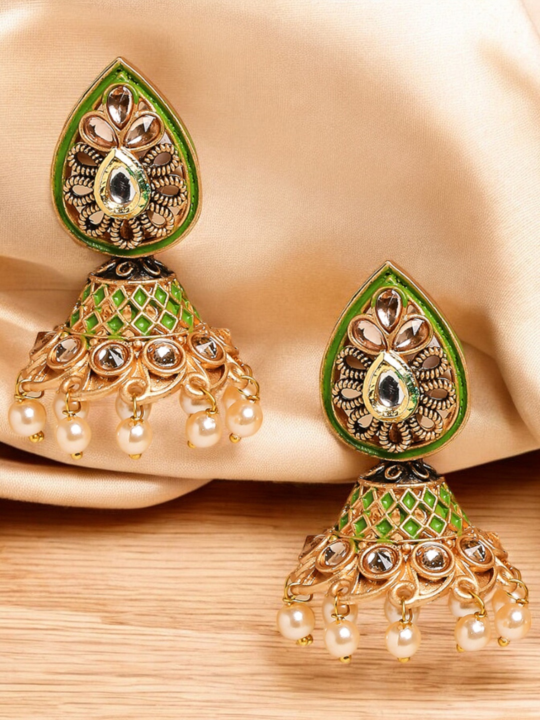 

OOMPH Kundan Studded Pearls Beaded Floral Jhumkas, Gold