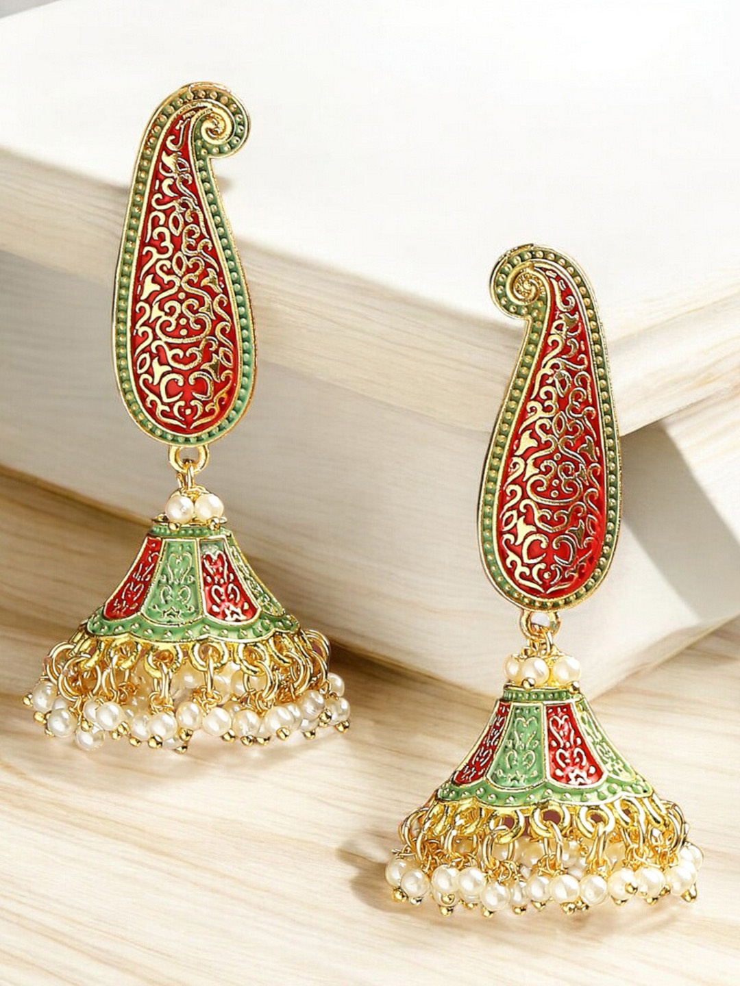 

OOMPH Artificial Stones Studded and Beaded Contemporary Meenakari Jhumkas, Red