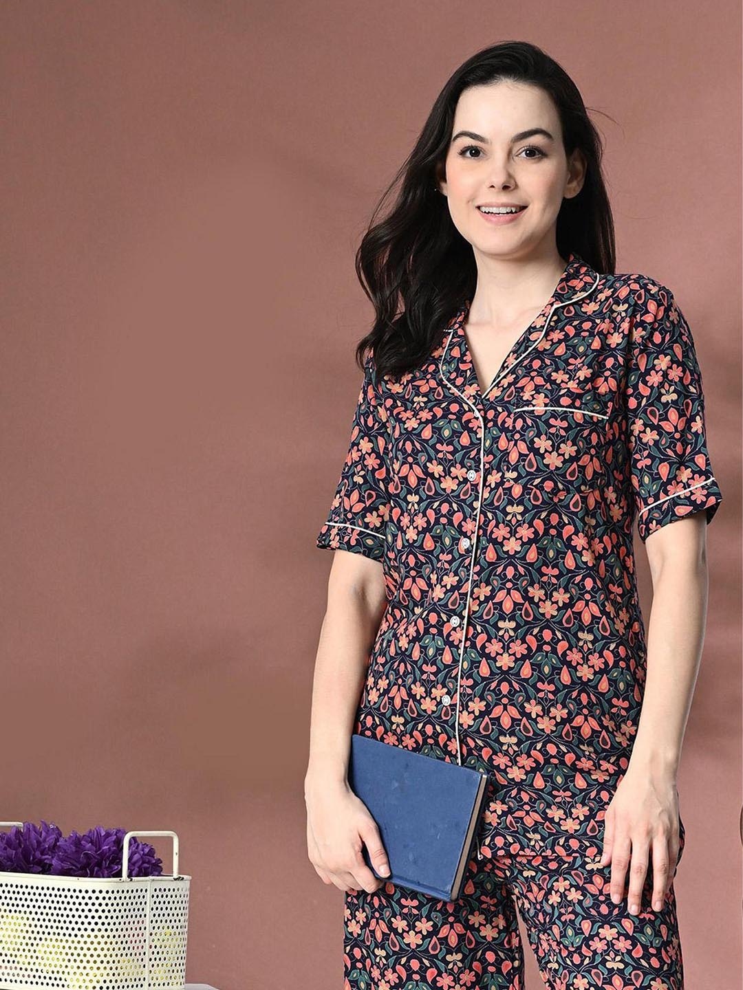 

Mintmarie Women Floral Printed Night suit, Blue