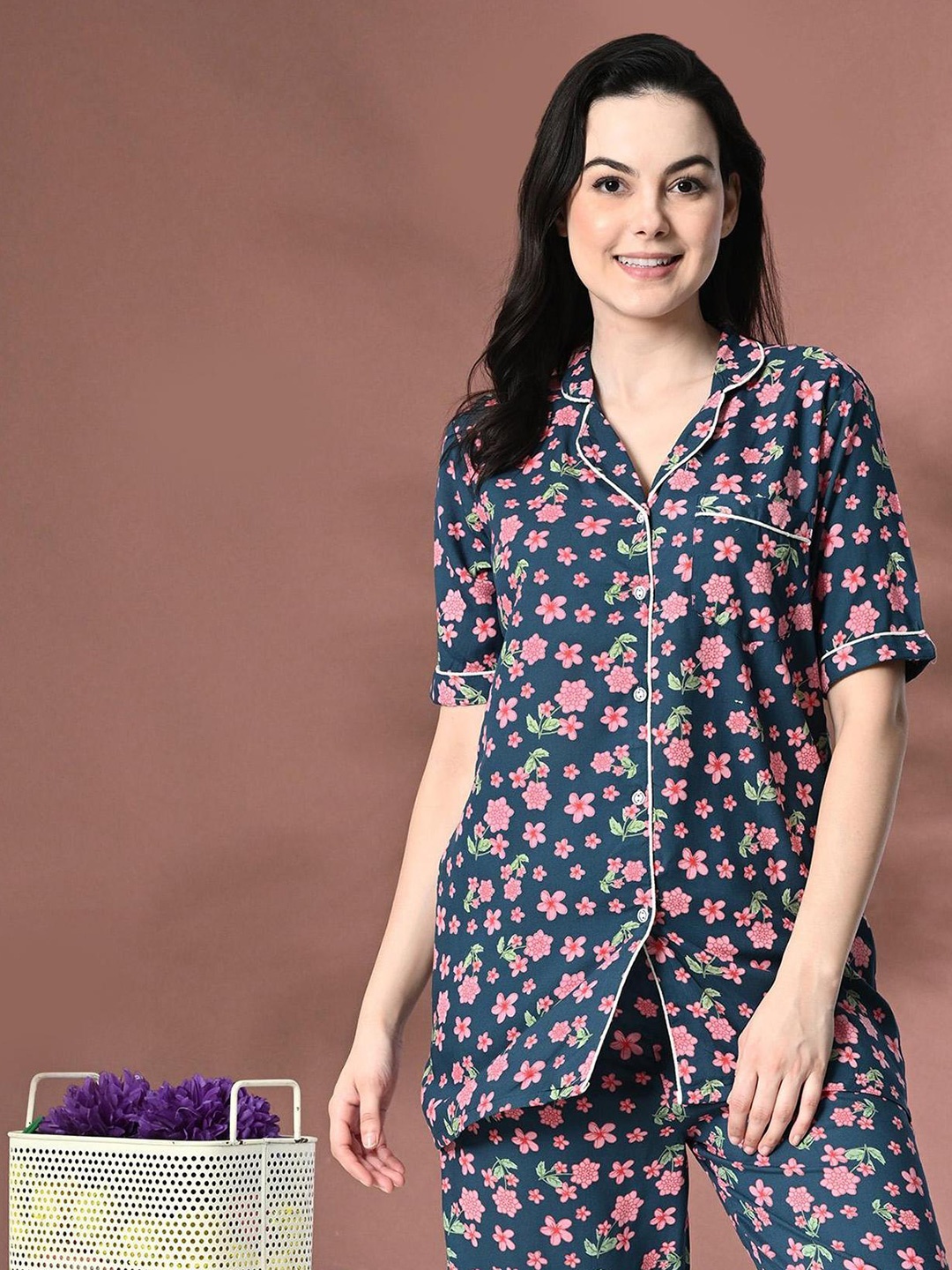 

Mintmarie Women Floral Printed Night suit, Teal