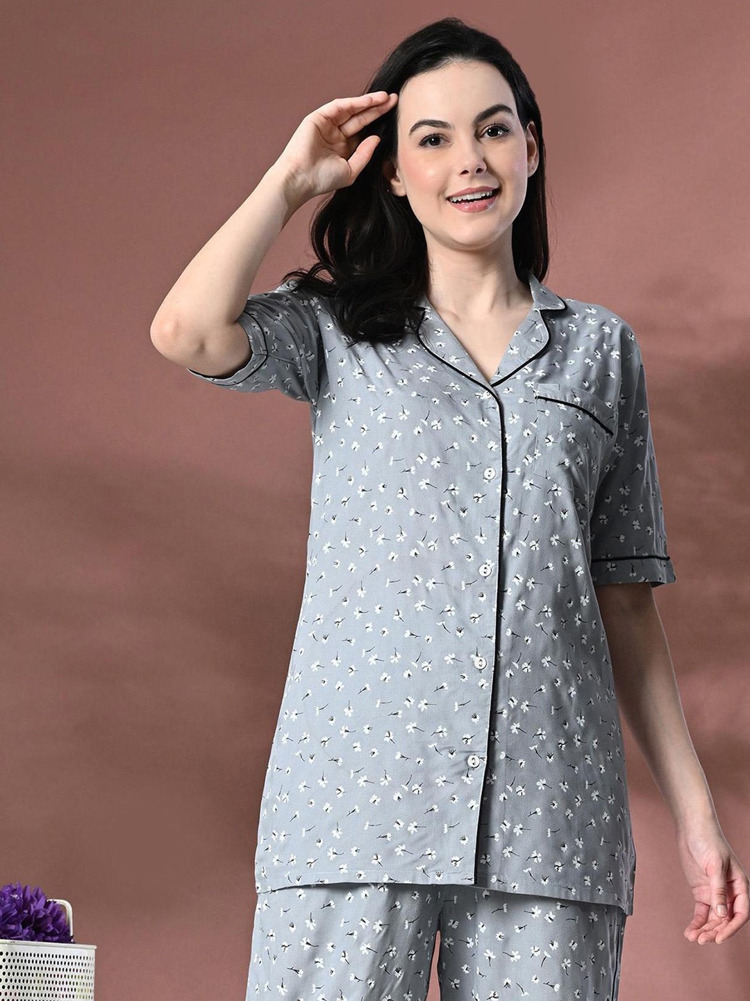 

Mintmarie Women Floral Printed Night suit, Grey