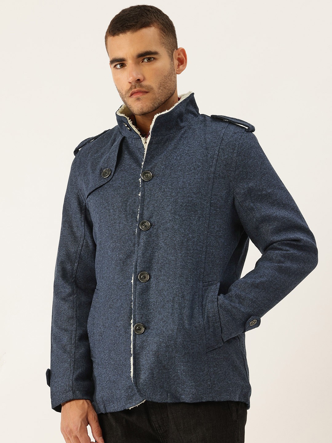 

StyleCast x Revolte Men Sherpa Fur Trim Tailored Jacket, Navy blue