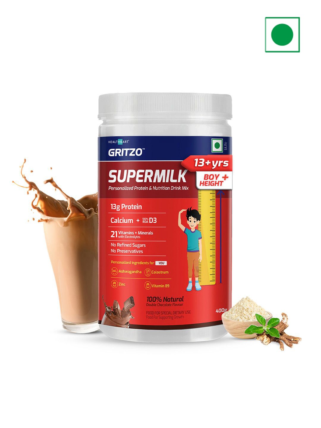 

Gritzo SuperMilk Unisex Height+ 13+y Boys- 13g Protein-Double Chocolate-400g, Brown