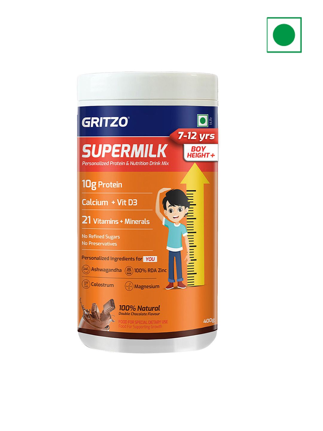 

Gritzo Kids SuperMilk Height Double Chocolate Proteins- 400g, Brown