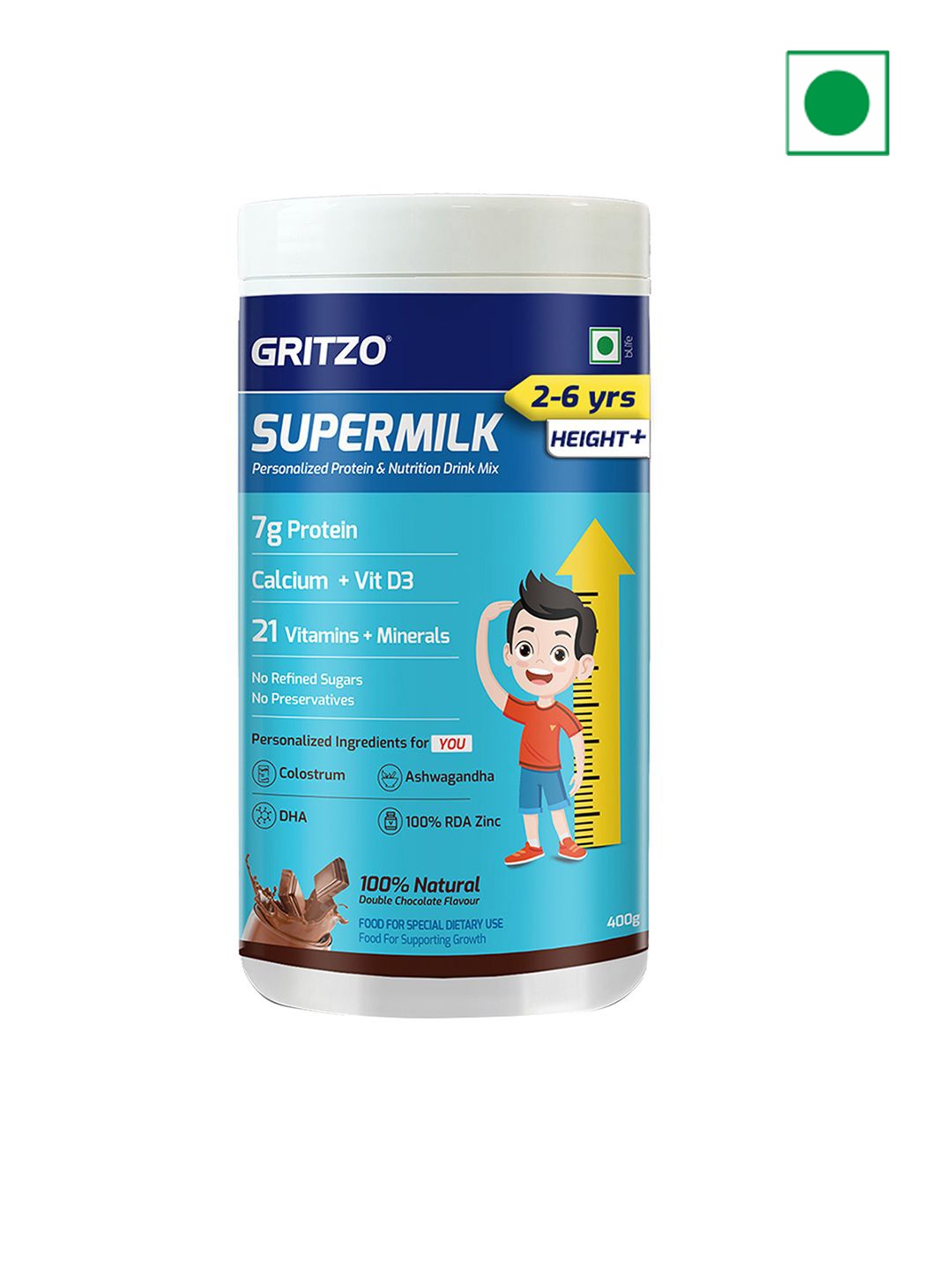 

Gritzo Kids SuperMilk Height Proteins- 400g- Double Chocolate, Brown