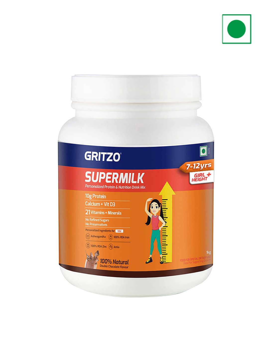 

Gritzo SuperMilk Height+ 8-12y Girls-10g Protein-Double Chocolate-1kg, Brown
