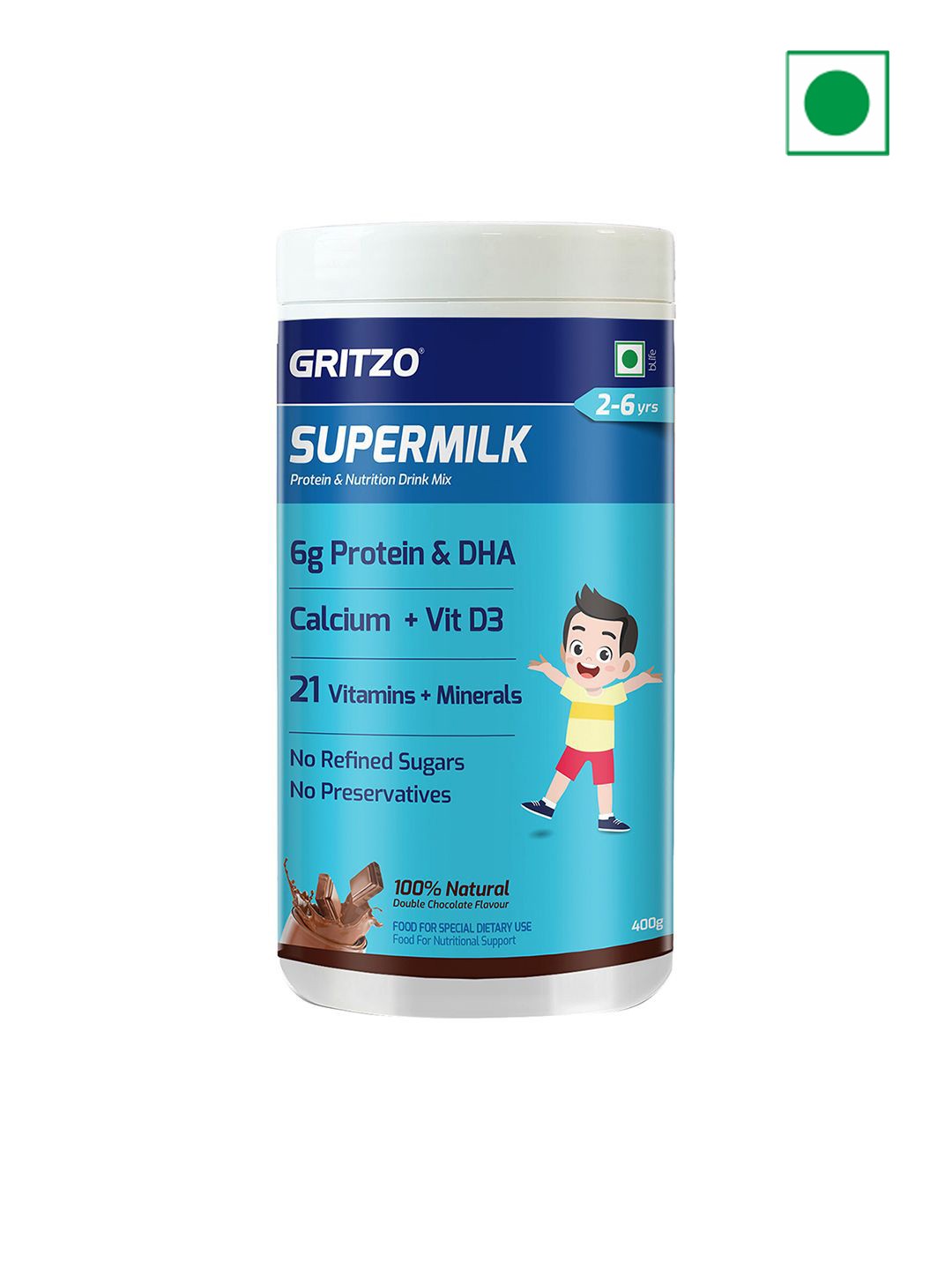 

Gritzo SuperMilk Daily Nutrition +4-7y Kids-6g Protein-Double Chocolate-400g, Brown
