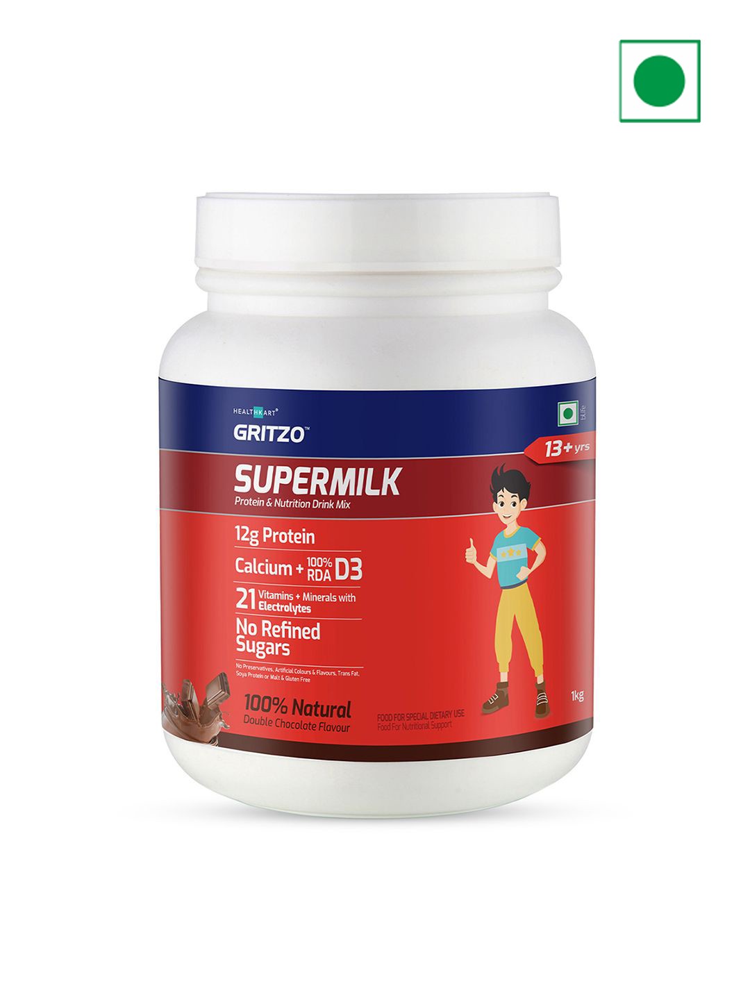 

Gritzo SuperMilk Daily Nutrition-13+y Teen Athletes-12g Protein-Double Chocolate-1kg, Brown