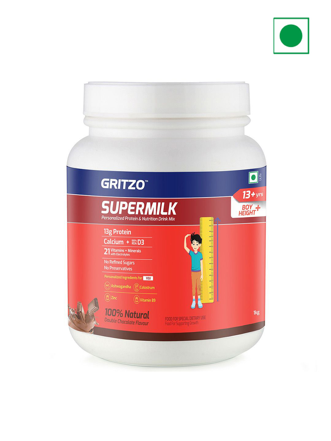 

Gritzo Kids SuperMilk Height+ 13g Protein 1 Kg - Double Chocolate, Brown