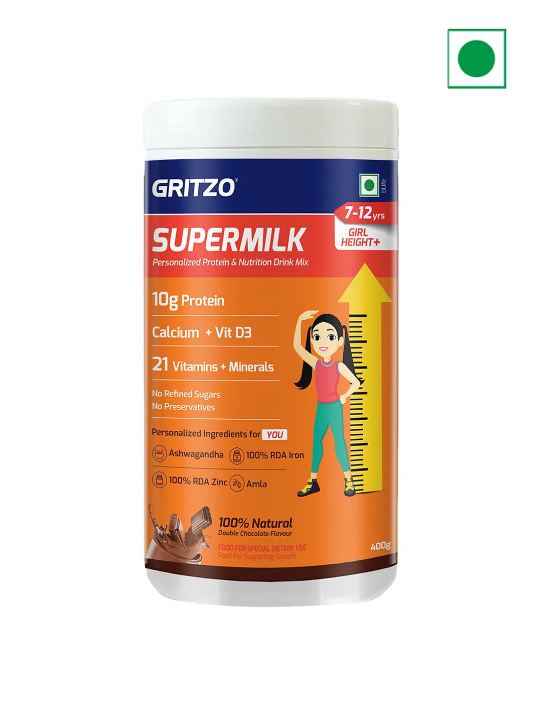 

Gritzo Kids SuperMilk Height+ 8-12y Girls-10g Protein-Double Chocolate-400g, Brown