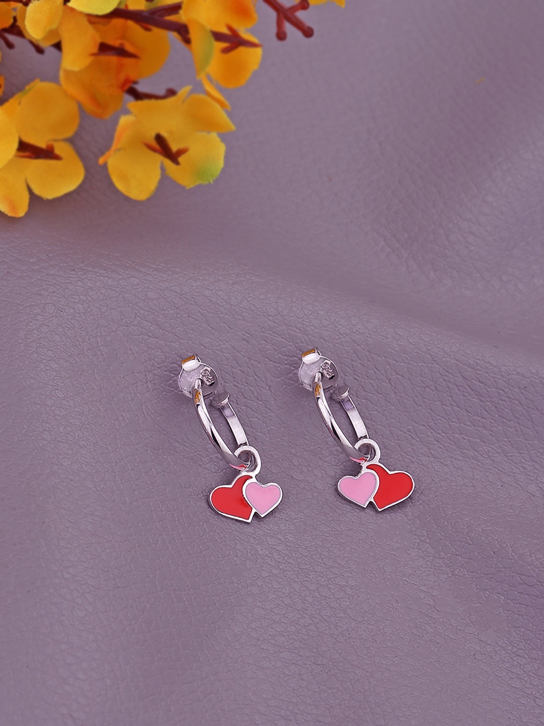 

DressBerry Rhodium-Plated 925 Sterling Silver Enamelled Heart Shaped Half Hoop Earrings