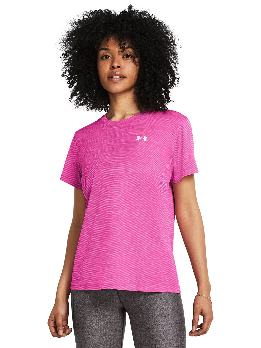 

UNDER ARMOUR Women Textured Training or Gym T-shirt, Pink