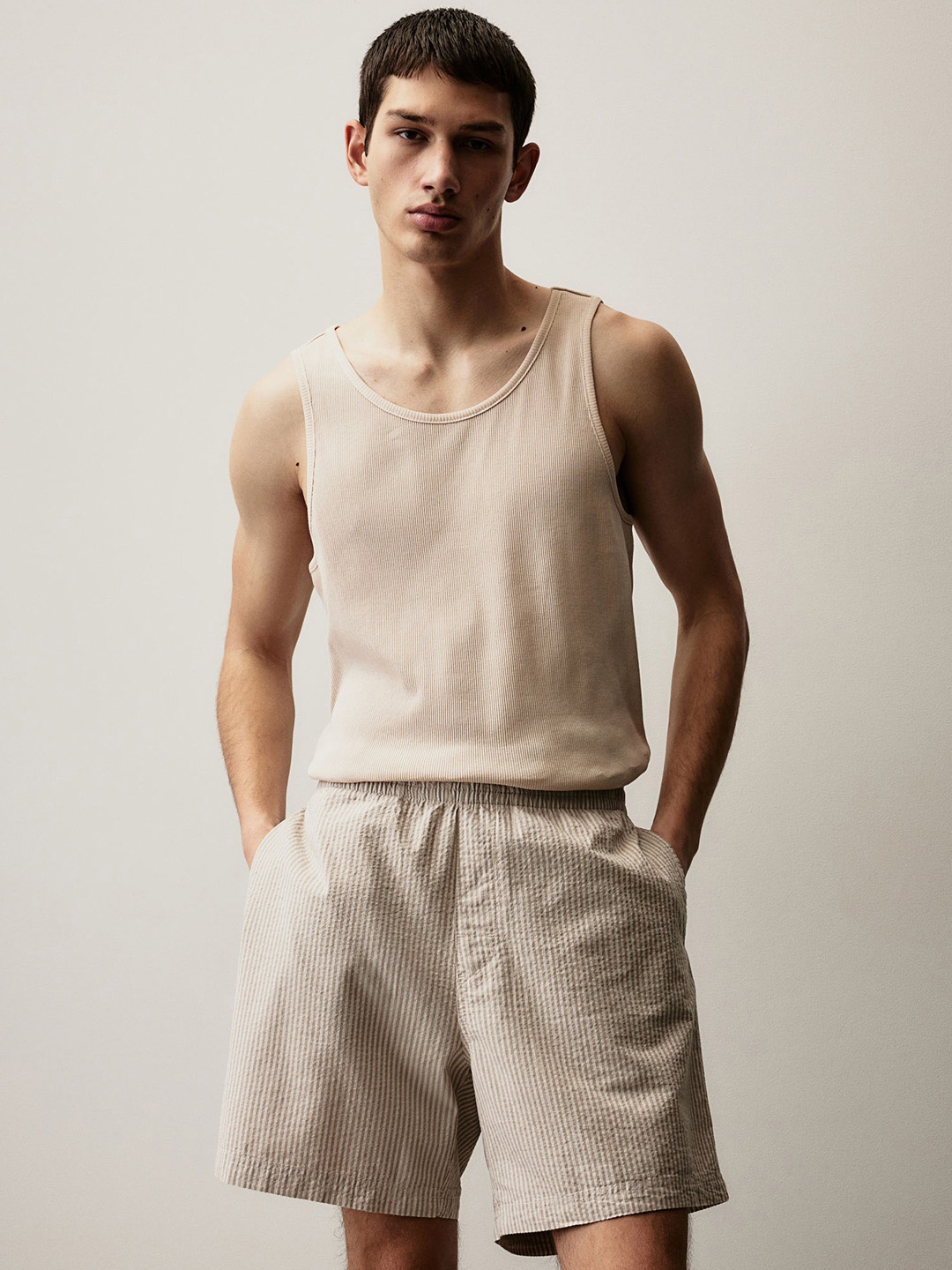 

H&M Men Vest & Shorts Pure Cotton Night Suit, Beige