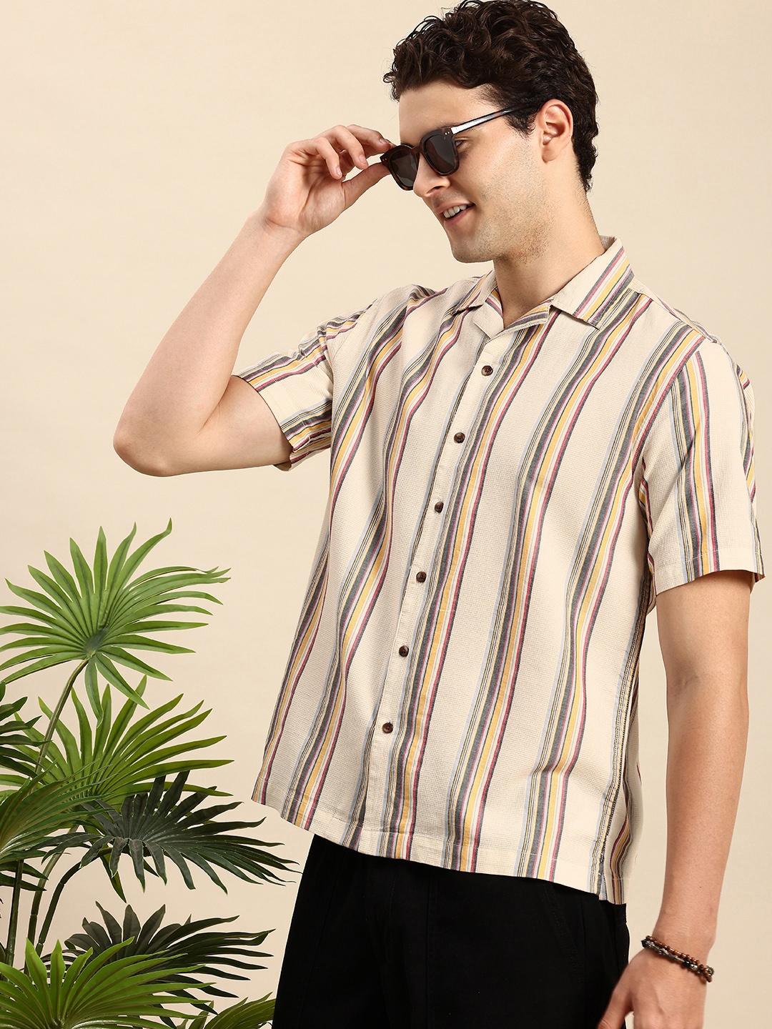 

Mast & Harbour Men Relaxed Striped Cuban Collar Casual Shirt, Cream