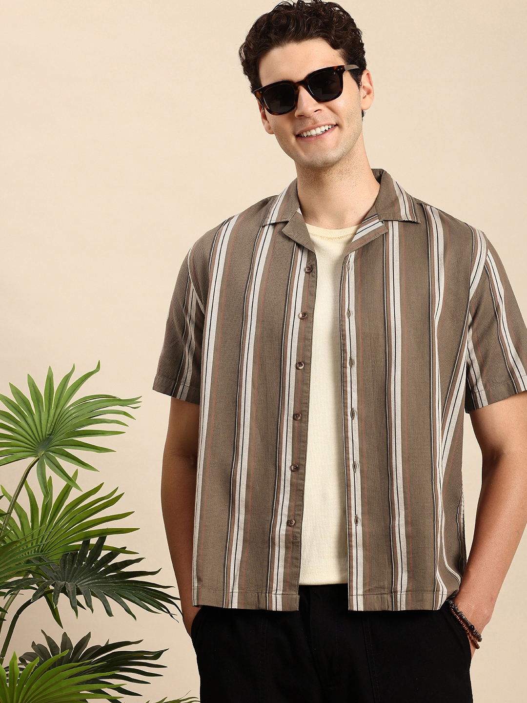 

Mast & Harbour Men Relaxed Striped Cuban Collar Casual Shirt, Green