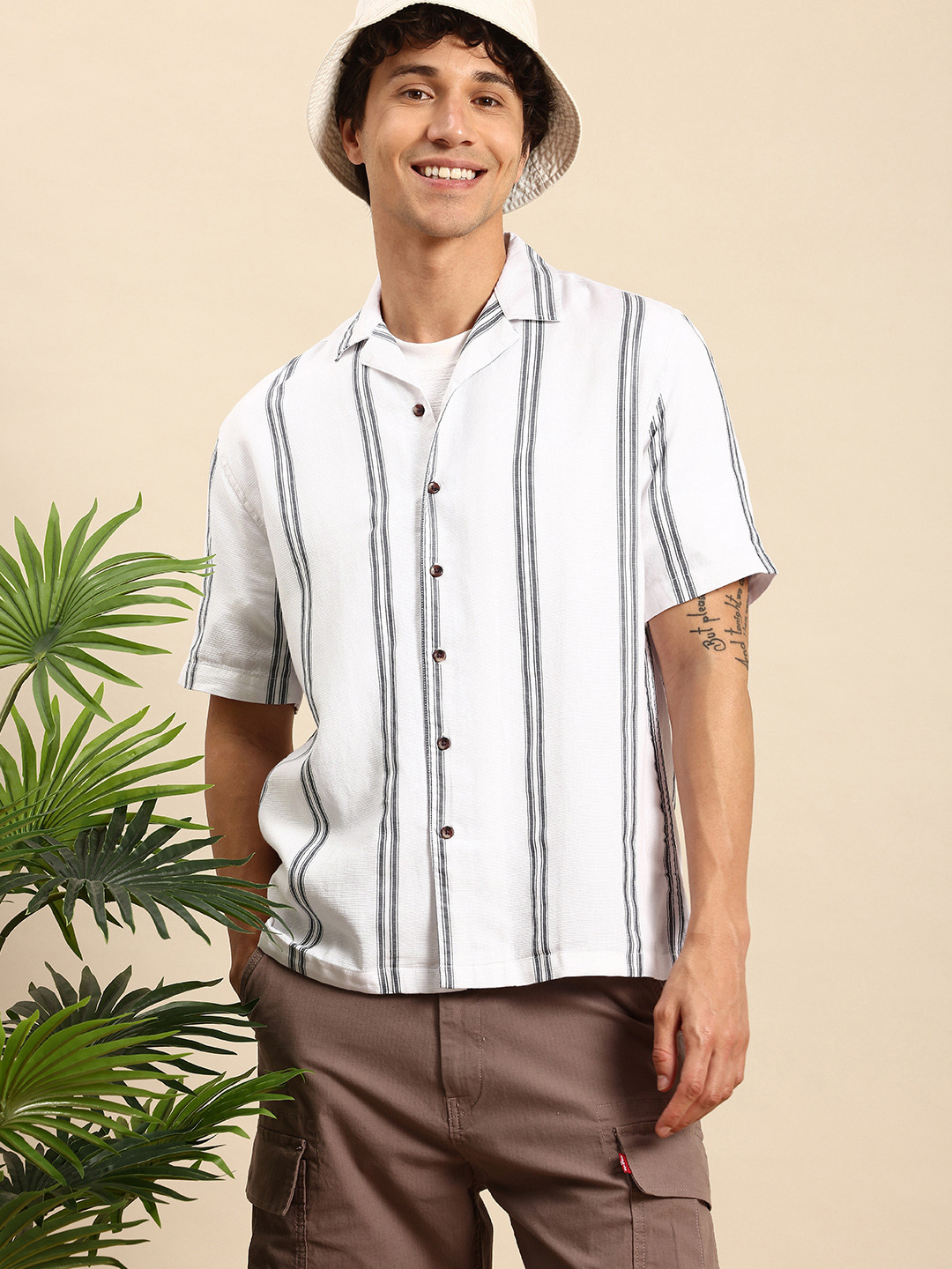 

Mast & Harbour Men Relaxed Striped Cuban Collar Casual Shirt, White