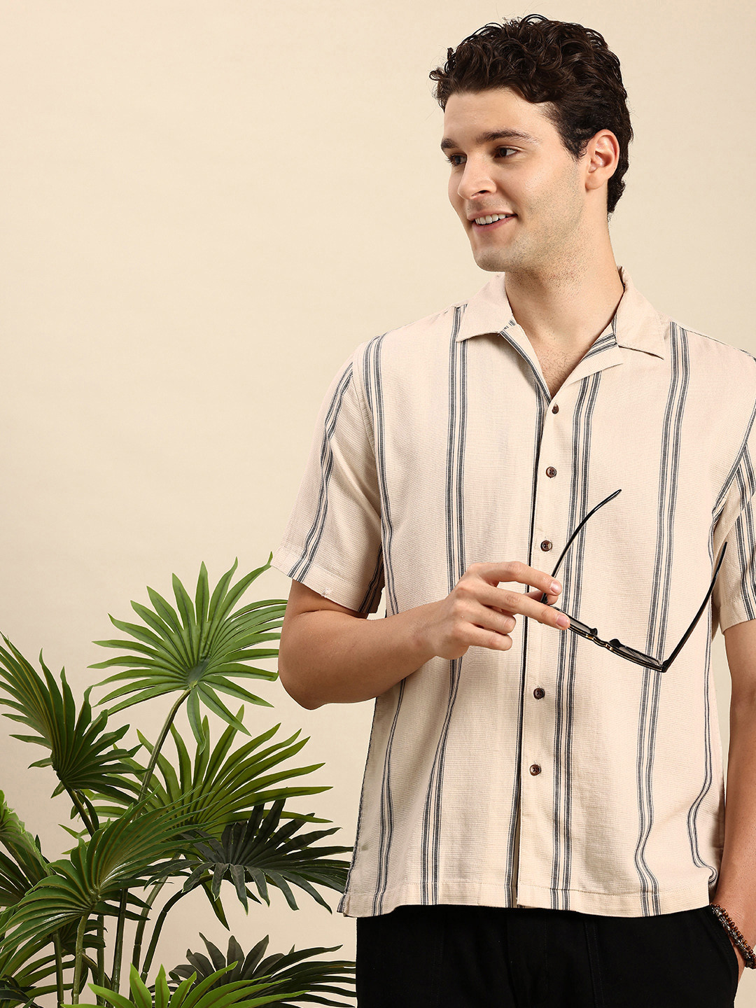 

Mast & Harbour Men Relaxed Striped Cuban Collar Casual Shirt, Beige