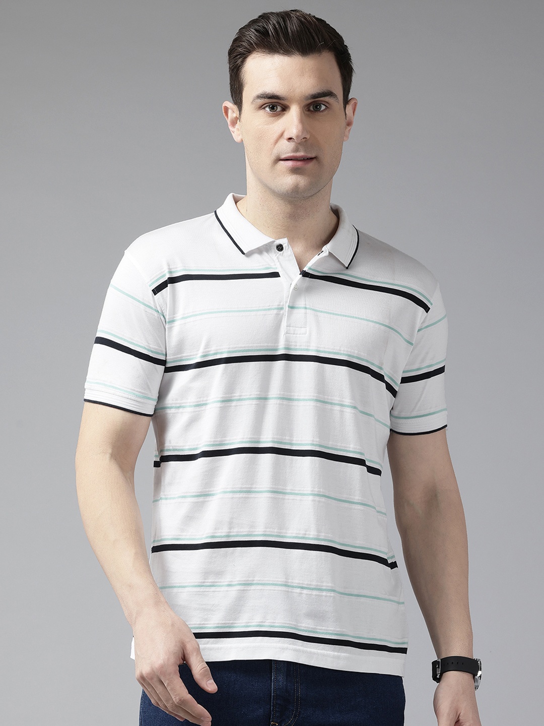 

ColorPlus Men Striped Polo Collar Tailored Fit Pure Cotton T-shirt, White