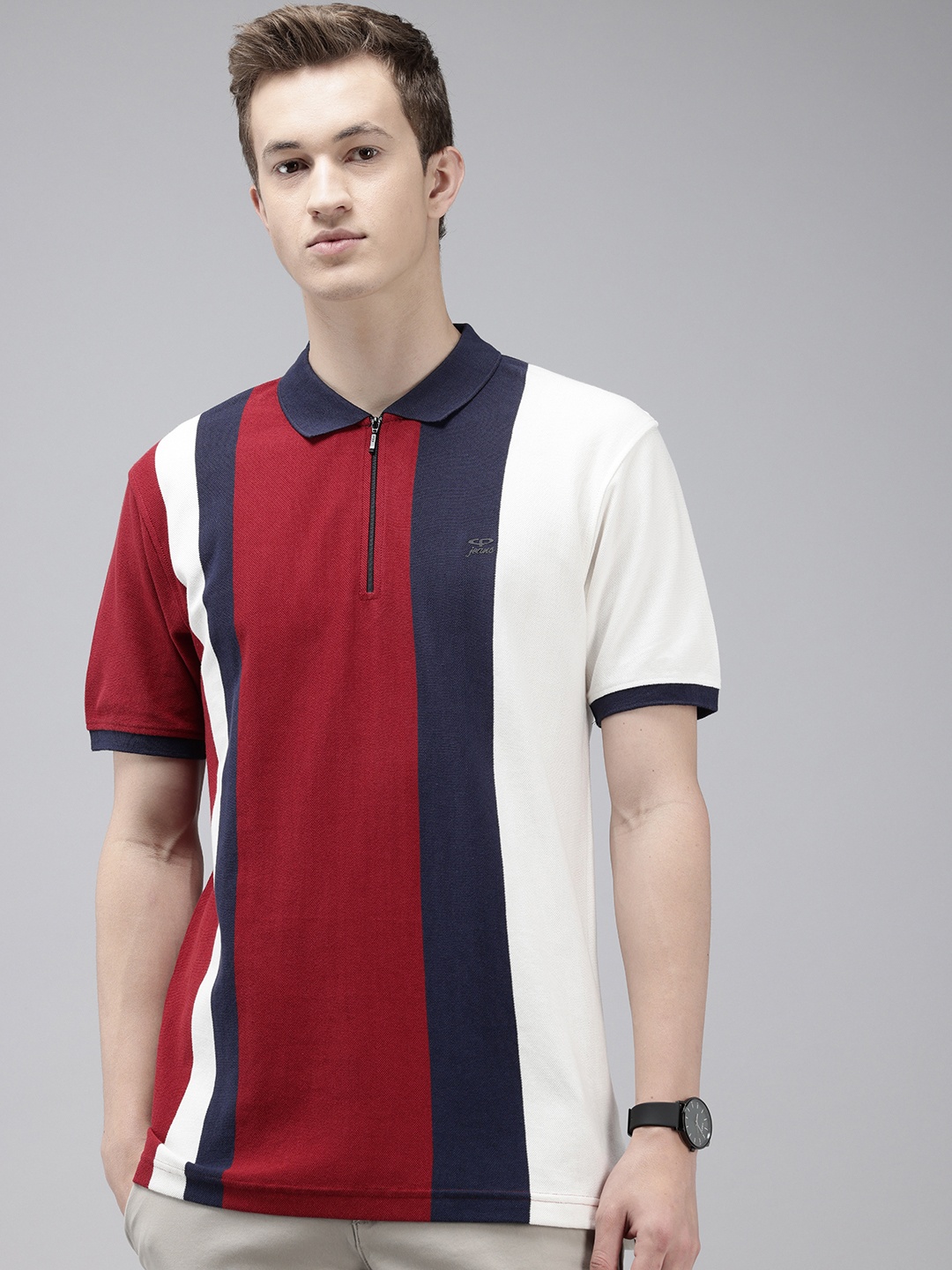 

ColorPlus Colourblocked Striped Polo Collar Pure Cotton T-shirt, Red