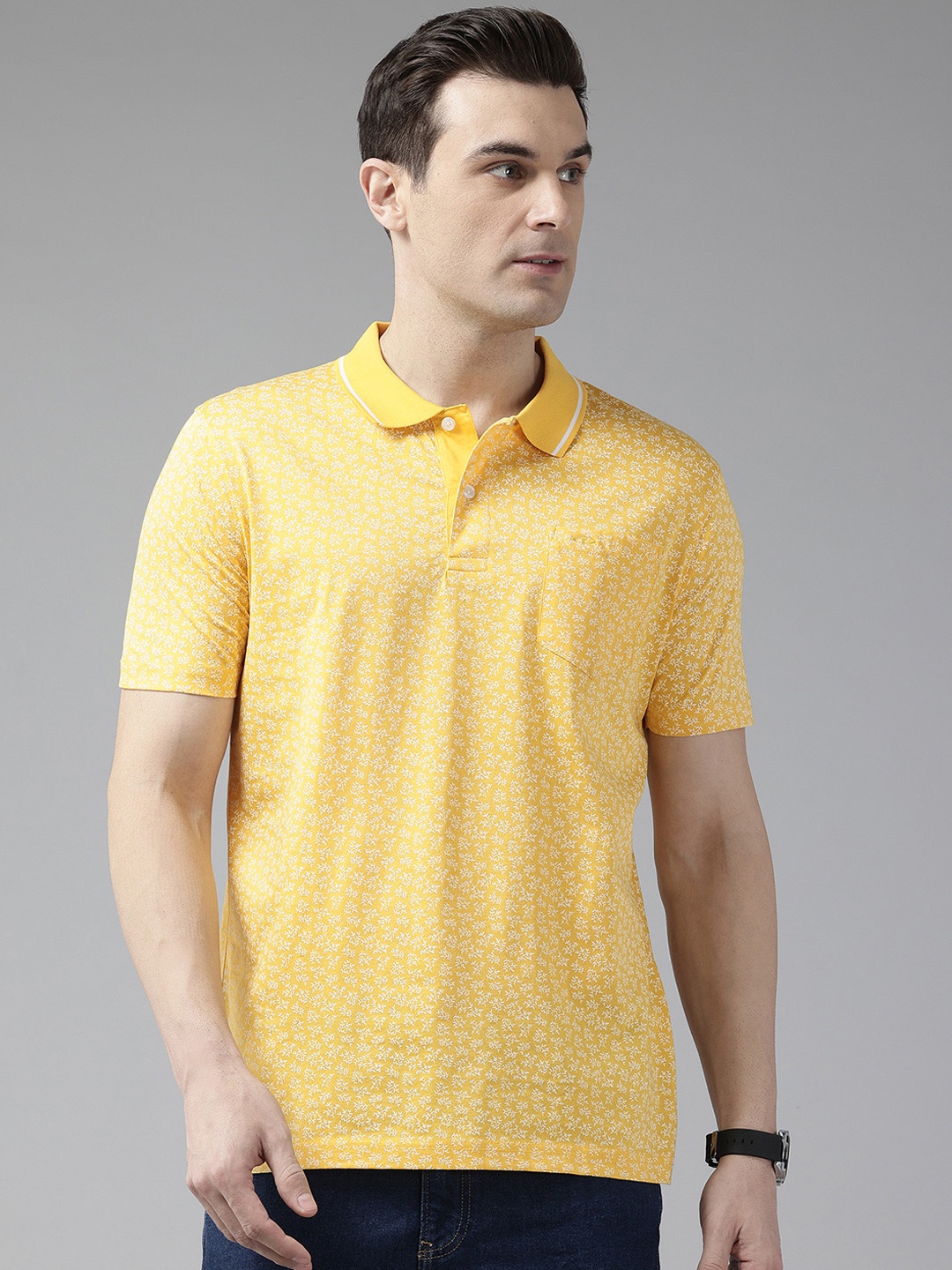 

ColorPlus Men Floral Printed Polo Collar Classic Fit Pure Cotton T-shirt, Yellow