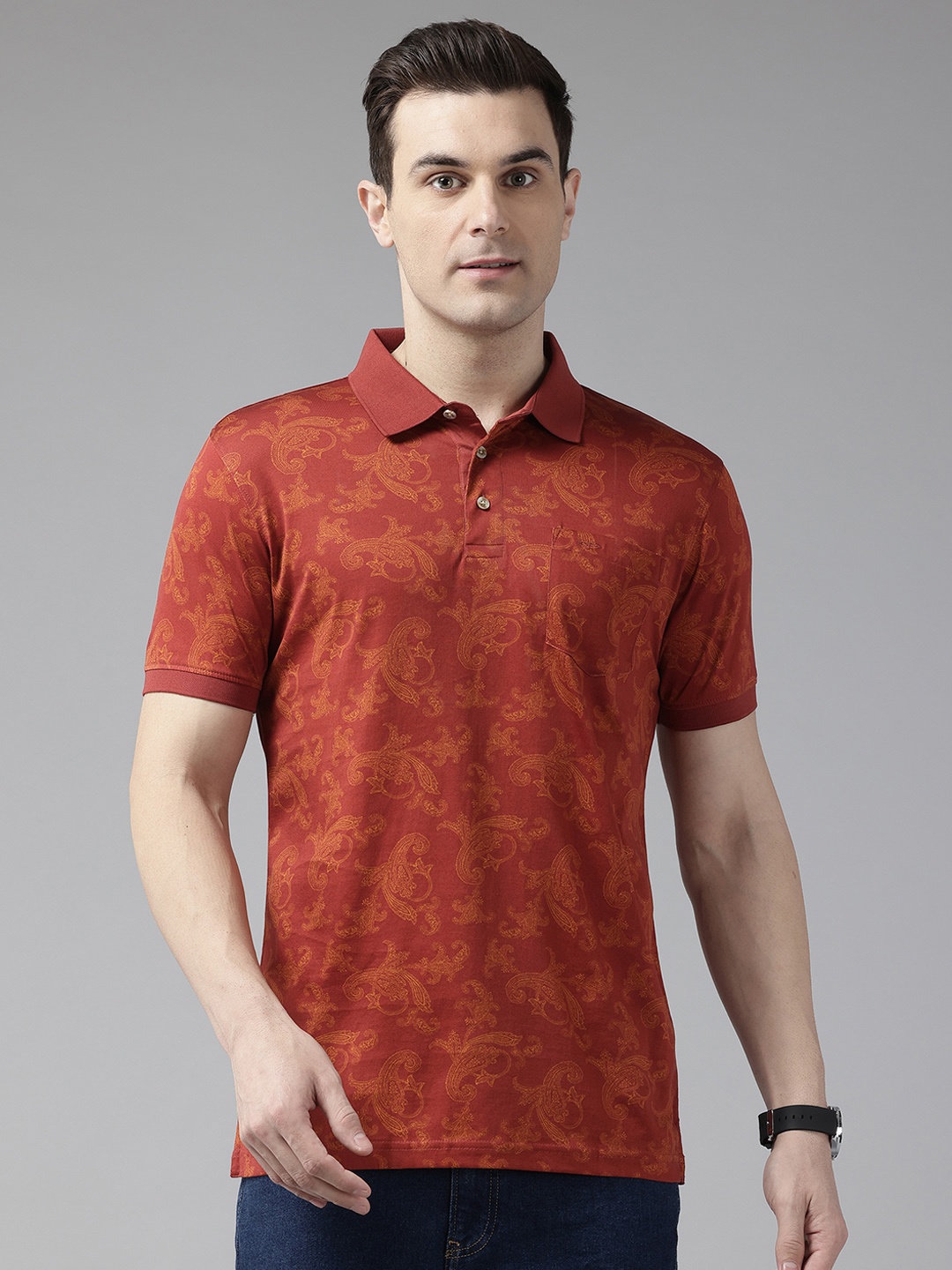 

ColorPlus Men Printed Polo Collar Pure Cotton T-shirt, Rust