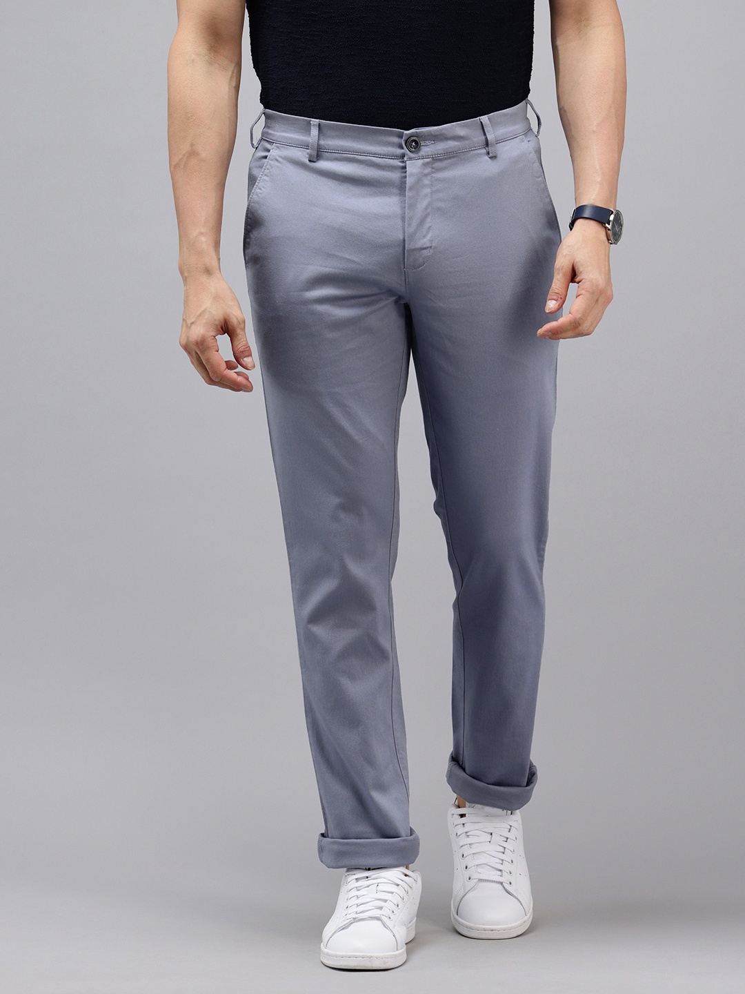 ColorPlus Men Self Design Textured Slim Fit Chinos Trousers, Blue