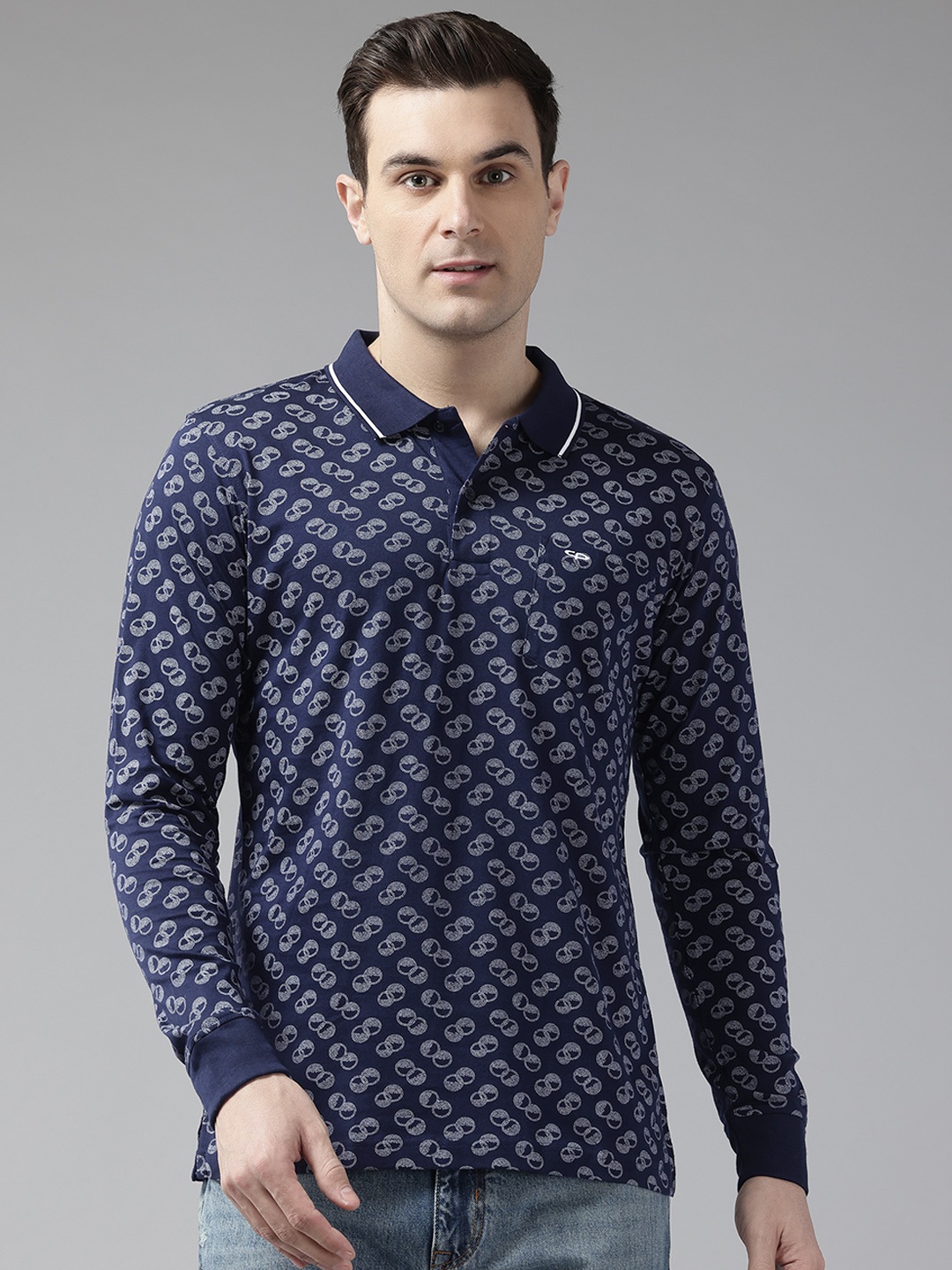 

ColorPlus Men Printed Polo Collar Pure Cotton T-shirt, Navy blue